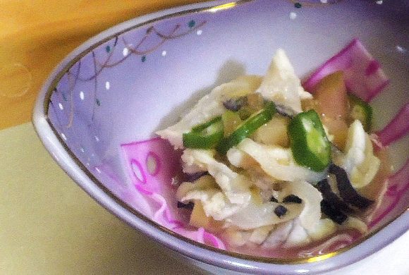 河豚皮とうとう身梅肉酢和え、河豚白子味噌漬け
