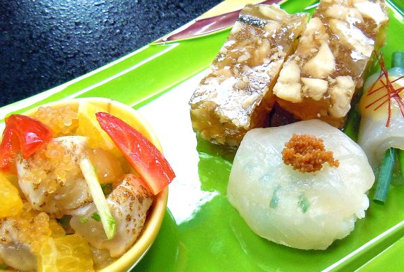 ゴマフグサラダ、煮こごり、ふぐ寿司、てっさ