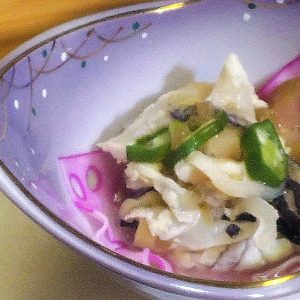 河豚皮とうとう身梅肉酢和え、河豚白子味噌漬け